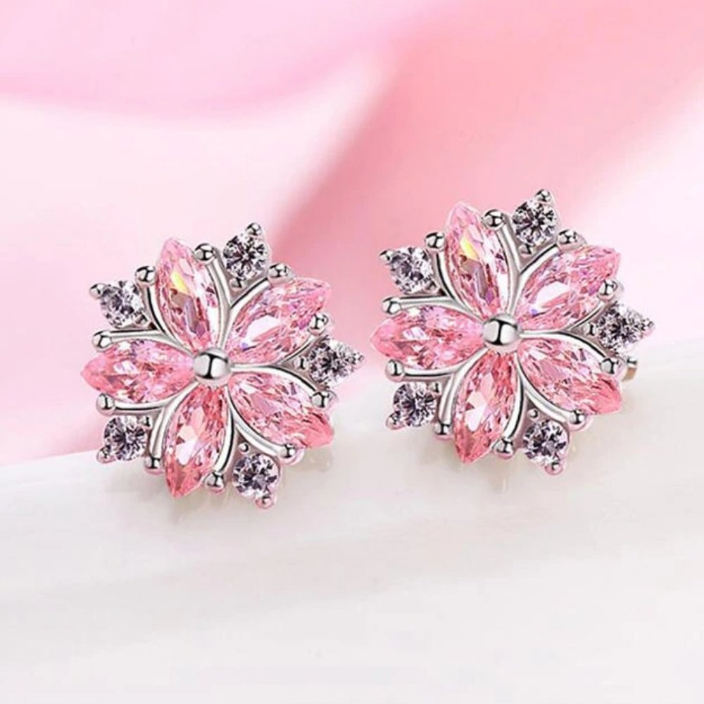 NEW 925 Sterling Silver Diamond Flower Earrings S